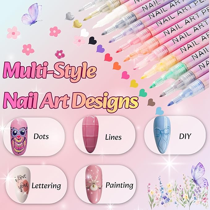 12 Colors 3D Nail Art Pens Set, 0.7mm Fine Tip, Waterproof and Quick-Drying Nail Polish Markers, Nail Painting Kit for DIY Nail Art Design