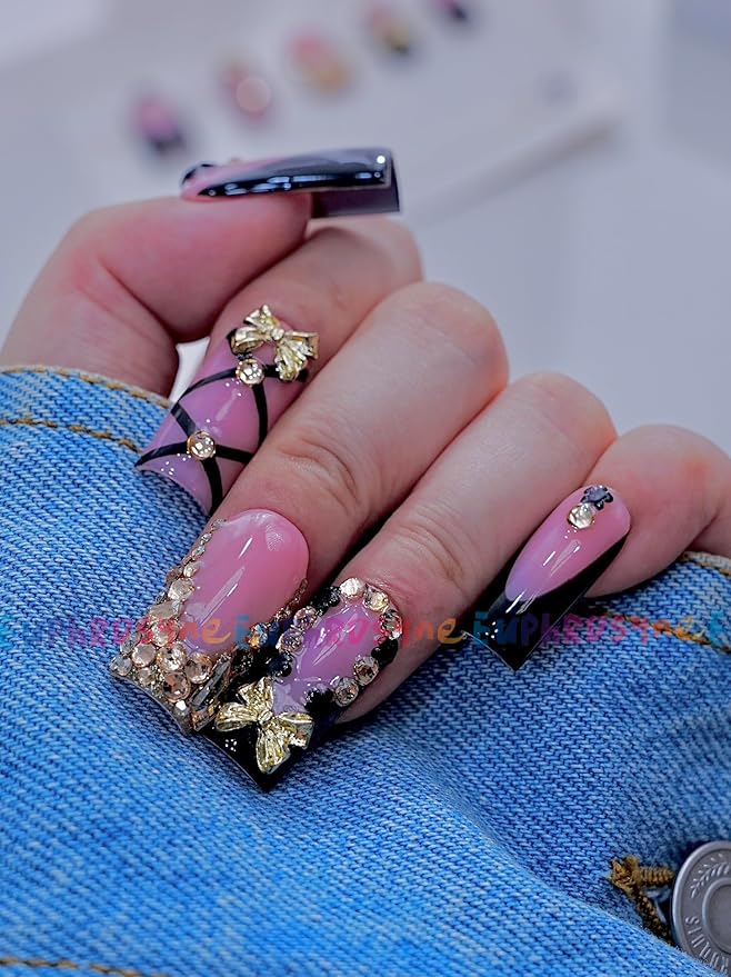 Black and Pink Press On Nails – 10PCS Glossy Coffin Fake Nails with Criss-Cross Ribbon, Rhinestones and Gold Butterfly Charms, Reusable Glam Nails for Women and Girls – Euphrosyne