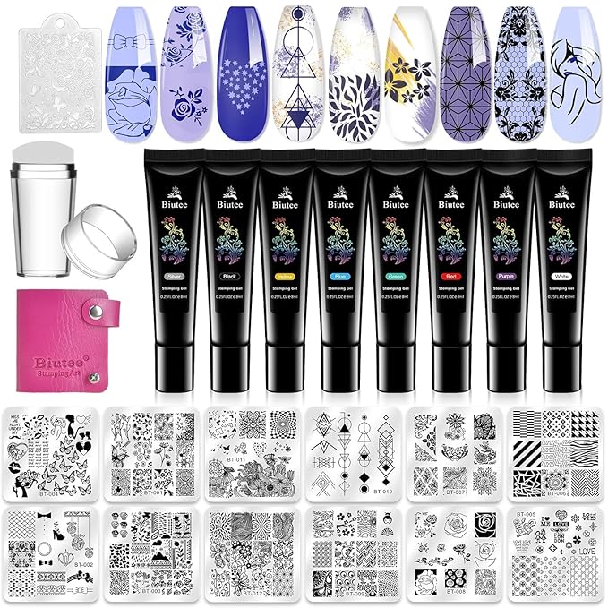 Biutee Nail Stamper Kit 12Pcs Nail Stamping Plate 8Pcs Stamping Gel Polish Nail Stamping Kit with Silicone Stamper Scraper Storage Bag Lace Plaid Stamp Template Holiday Gift for Women