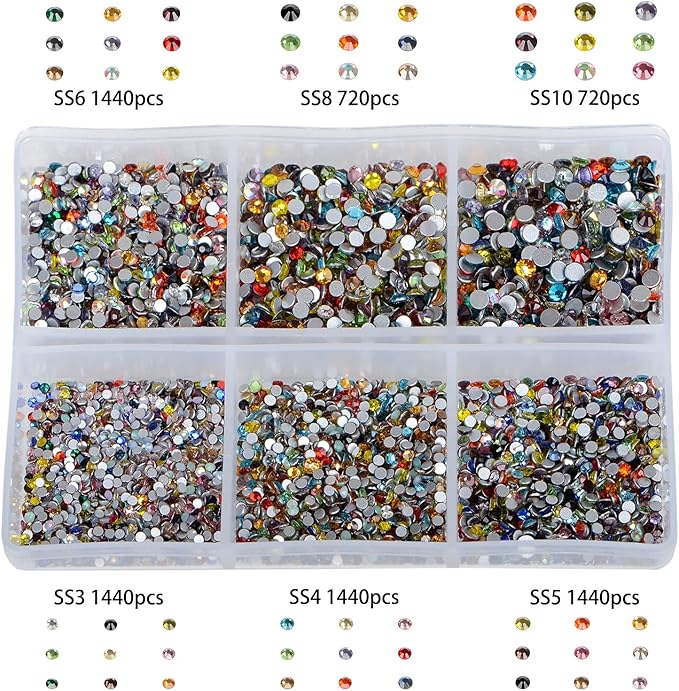 Bymitel 7200 Pieces 6 Mixed Sizes Glue Fix on Glass Rhinestones Round Crystal Gems Flatback for DIY Jewelry Making with one Picking Pen(Mix: SS3-SS10/7200PCS, Mixed Colors)