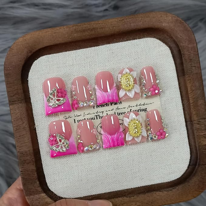Duckbill Press on Nails,Glossy Pink French Tip Fake Nails with 3D Butterfly & Rhinestone Design,10PCS Glitter False Nails for Everyday Wear Party Vacation Work,Duck Shape Glue on Nails(L)