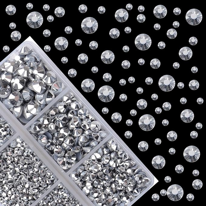 4000Pcs Mixed Size Hot Fix Round Crystals Gems Glass Stones Hotfix Flat Back Rhinestones (Labrador Silver)