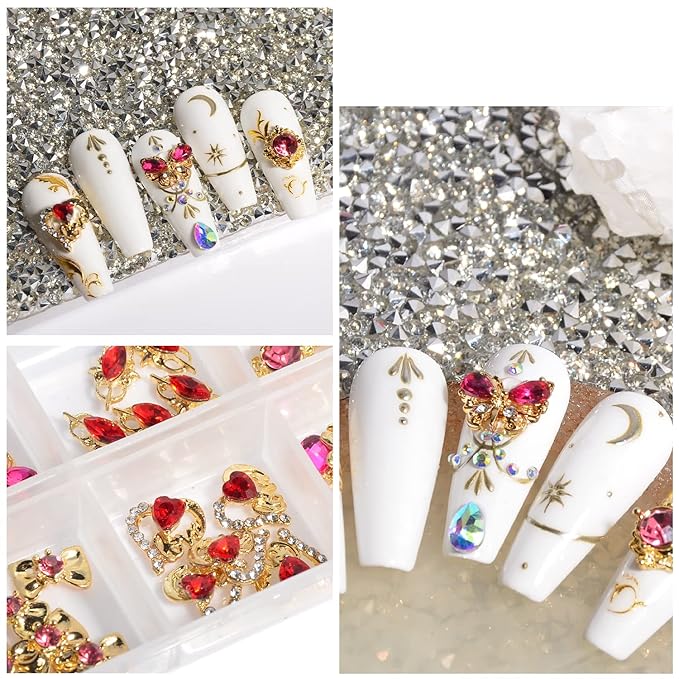 30Pcs Nail Charms 3D Mixed Butterfly Bow Tie Heart Fox Flower Shaped Nail Rhinestones Glitter Gems Metal Gold Rose Red Pink Nail Charms for Girl Women DIY Nail Art Craft Decoration