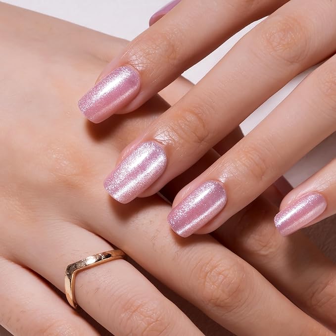 Curvlife Soft Gel Press on Nails, Shine Pink Cat Eye Square Nail Tips,30pcs Full Cover Glossy Design Reusable Fake Nails Kit with Glue and Adhesive Tabs