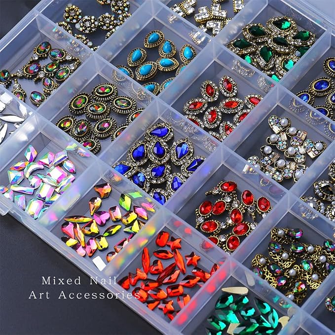 1 Box 3D Gems Rhinestones Mix Retro Alloy Nail Art Decorations Diamond Mounted Studs Irregular Heart Shiny Rhinestones 3d Manicure UV Gel DIY Nail Charms Jewelry on Nails Salon Supplies