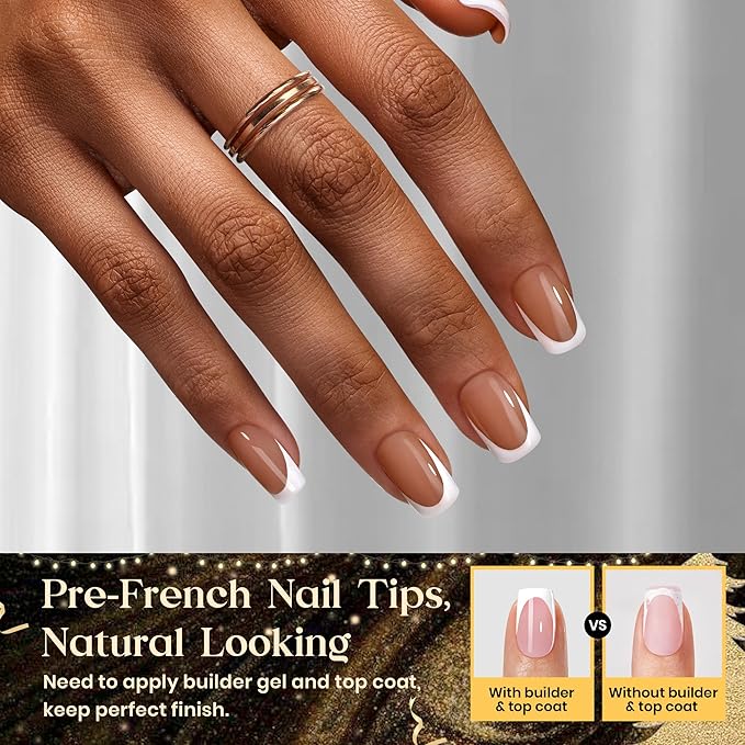 Beetles French Tips Press On Nails: 224 Pcs Brown French Tip Nails Short Squoval Fake Nail Tips,Soft Gel Nail False Nails,DIY Nail Art Salon Quality Manicure Gift For Women