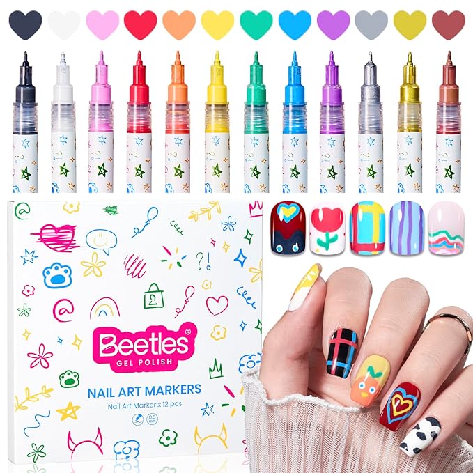 Beetles 12 Colors Nail Art Pens, 0.5mm Fine Line Nail Polish Pens Quick Air Drying Acrylic Paint Markers for Nails Art Design Painting Dotting Liner Brush, DIY Home & Salon Manicure Tools