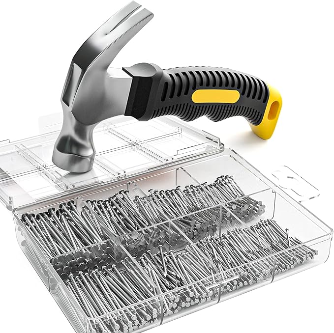 INCLY 620 PCS Small Nails for Hanging Pictures Assortment Kit with 8oz Claw Small Hammer, Mini Hammer Set with Hardware Nails Assorted Set 310 Wall Nails & 310 Finish Nails for Installing with Case