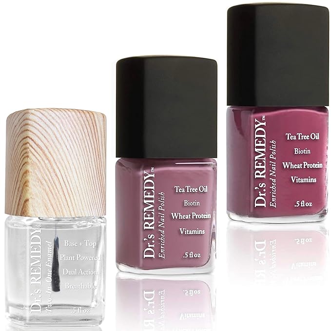 Dr’s Remedy 3 Pack Nail Polish Kit, BRILLIANT Berry Trio, Non Toxic and Organic All Natural Enriched Nail Strengthener - TOTAL Two-in-One Glaze/BRAVE Berry/MINDFUL Mulberry