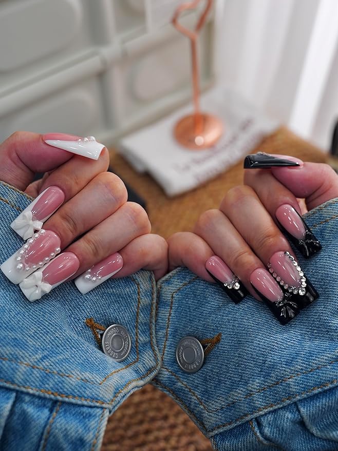 Black and Pink Press On Nails – 10PCS Glossy Fake Nails with Pearls, Rhinestones & 3D Bow Charms, Reusable Elegant Coffin Nails for Women and Girls – Euphrosyne