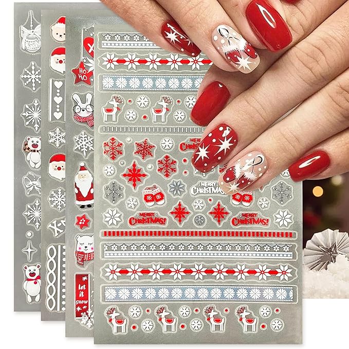 Christmas Nail Art Stickers, Self-Adhesive Red Santa Hat Snowflake Elk Xmas Tree Design for Holiday Nail Decals, Pegatinas Uñas Navidad DIY Decorations (4 Sheets)