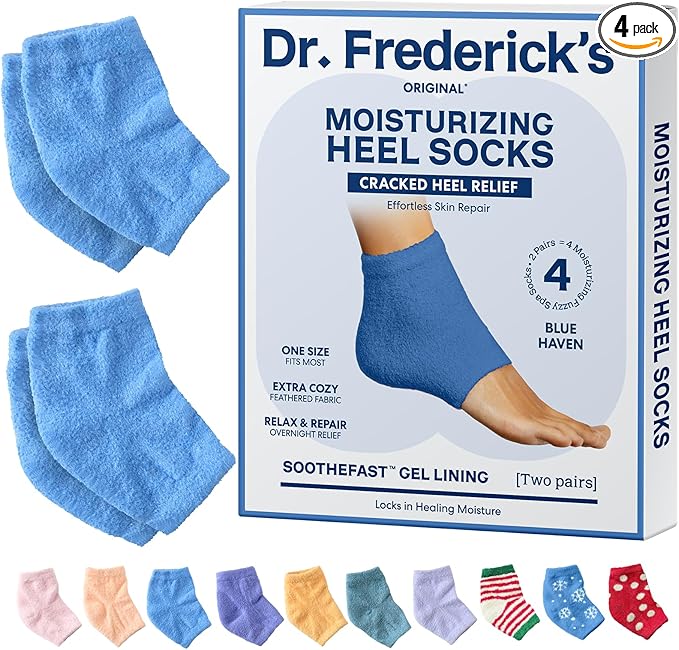 Dr. Frederick's Original Moisturizing Fuzzy Heel Socks for Dry Cracked Heels Treatment - Infused with Olive Oil, Jojoba Oil and Vitamin E - 2 Pairs - Stocking Stuffers for Adults - Blue Haven