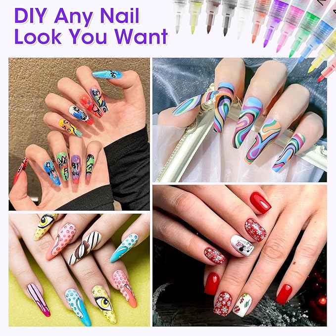 Pintada 12-Color 0.7mm Fine Tip Nail Art Pen Set with 13 Sheets Nail Stickers - Waterproof Quick-Drying Nail Art Markers for DIY Nail Design, Greeting Cards, Object Painting, Holiday Doodling
