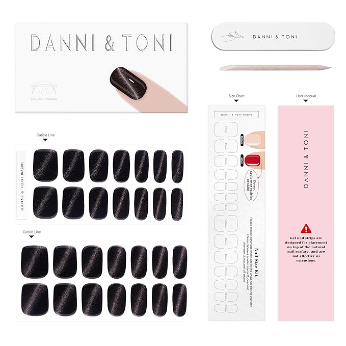DANNI & TONI Semi Cured Gel Nail Strips Black Magnetic Cat Eye Gel Nail Stickers 28 Stickers | Nebula Shift