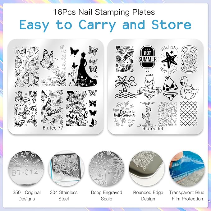Biutee Nail Stamping Kit 12Pcs Nail Art Stamp Plates 8 Colors Stamping Polish Gel Silicone Stamper Scraper with Storage Bag, Nail Stamping Plate Lace Star Rose Plaid TemplateHoliday Design Gift