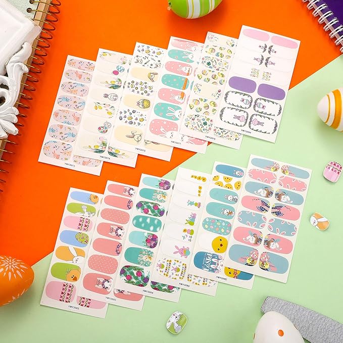 168 Pieces 12 Sheets Easter Nail Wraps Full Art Polish Stickers Spring Easter Self Adhesive Art Decals Strips Eggs Rabbits Chick Sticker with Nail File for Women Girls DIY Manicure