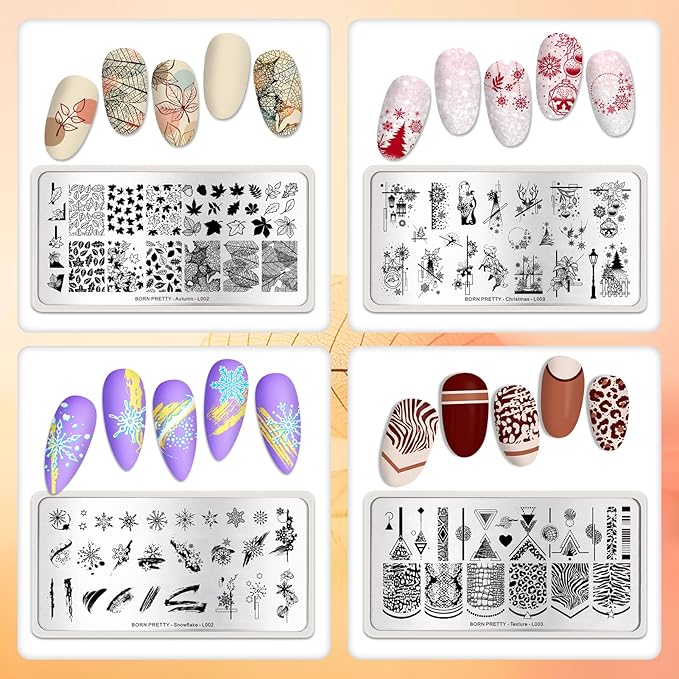 Born Pretty Christmas Nail Stamping Plates 8PCS Nail Art Design Kit Fall Winter Halloween Christmas Tree Patterns Templates with Snowflake Cute Deer Nail Art Image Plates DIY Printing Tools