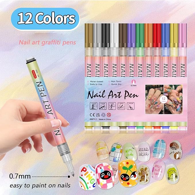 Nail Art Pens Set,12 Colors Nail Polish Graffiti Pens, Nail Varnish Pens, Waterproof Quick Dry Nail Drawing Pen, Acrylic Marker Pens 0.7mm Fine Tip Nail Point Graffiti Pens Nail Art Kit