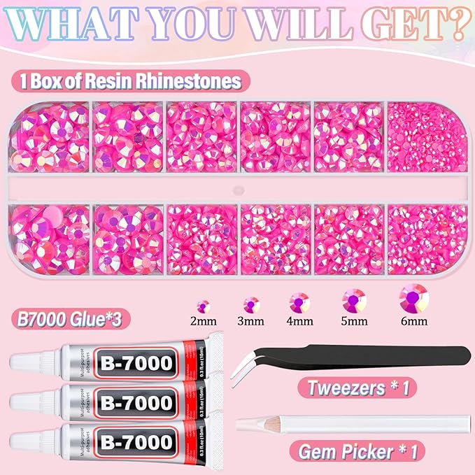 Resin Rhinestones for Crafting with 3Pcs 10ml B7000 Jewelry Glue, 1 Box Hot Pink AB Flatback Gems Crystals Diamond for Bedazzling Crafts DIY Nail Art Makeup, Gems for Clothing Tumblers Shoes