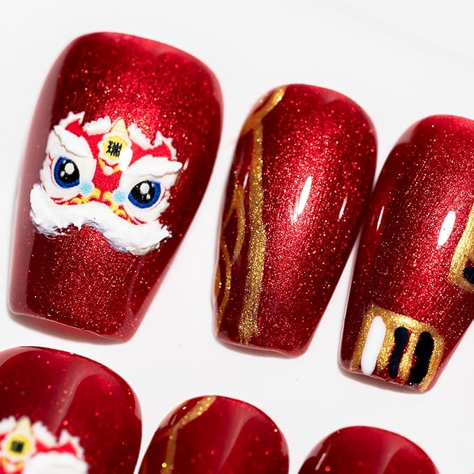 Sun&Beam Nails Handmade Short Coffin Ballerina Red False Nail Tips with Cute 3D Lion Popular Charm Design Press On Nails 10 Pcs (#016 L)