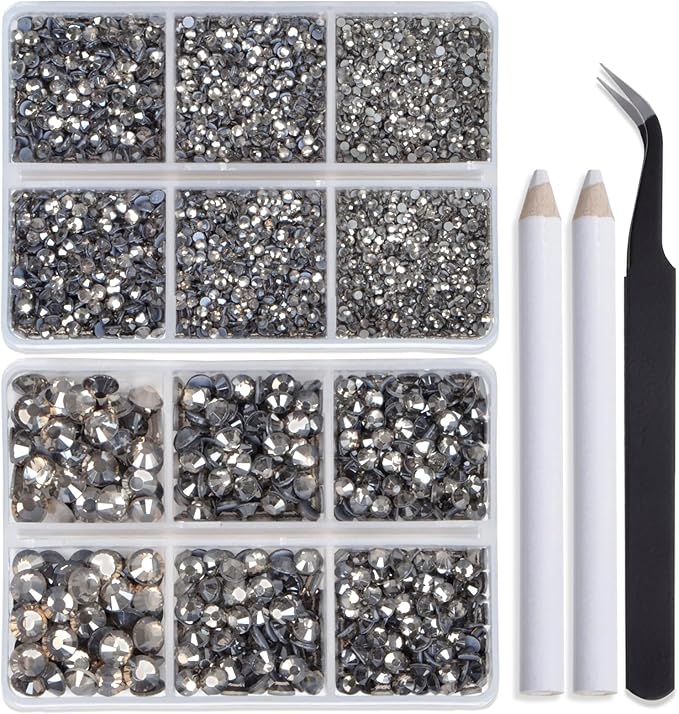 Bymitel Hotfix Crystal Rhinestones Round Gems for Crafts,Mixed 6 Sizes with Wax Pencil Kit, Black Diamond 1.6-6.3mm SS4-SS30/8000pcs