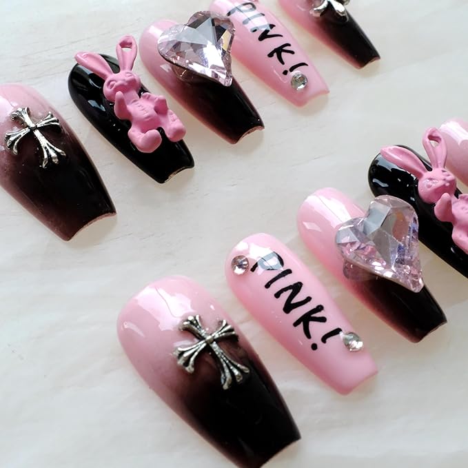 Luxury long Long Ballerina Press-On Nails, Pink and Black Gothic Design with 3D Bunny and Diamond Heart, Handmade False Nail 10 Pieces (Large, LS)