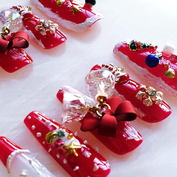 Christmas Press-On Nails, Long Ballerina Shape, Red and White Design with Snowman, Bows and Snowflakes, 10 Pieces (XS, LS)