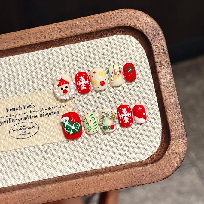 10Pcs Handmade Square Press on Nails Short Christmas Fake Nails Cute Christmas False Nails with Cartoon Old Man Snowflake Design Multi-Layer Acrylic Nails Press ons Xmas Glue on Nail for Women (M)