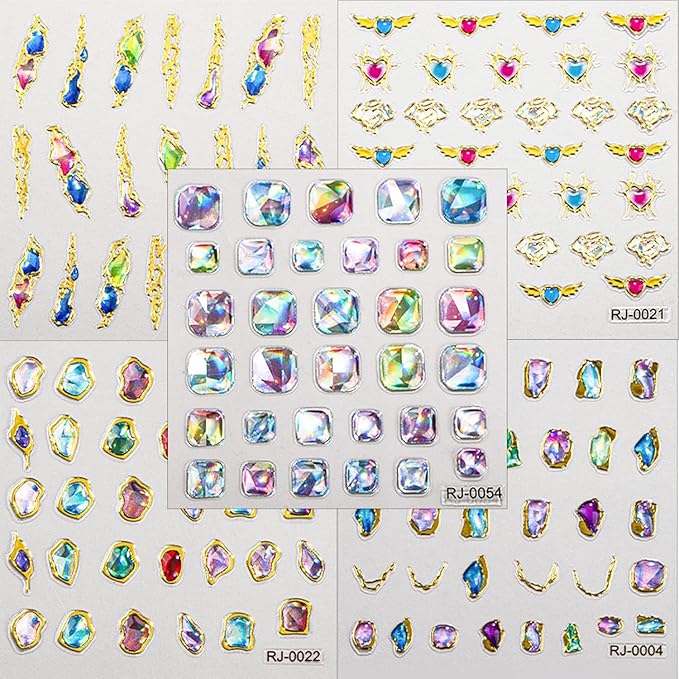 5D Gem Nail Art Sticker Decals Self Adhesive Crystal Rhinestone Embossed Nail Stickers Gem Design 5 Sheet