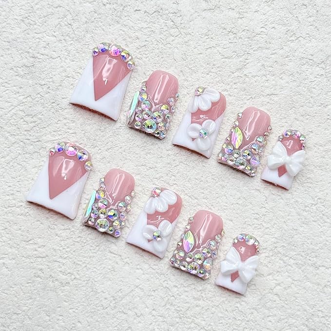 Luxury Rhinestone Medium Duck Press on Nails Handmade Nails with Glue,Nude False Nails with 5D Flower Art Design White French Thick False Nails Muti-Layer Gel Handmade Nail for Women (Size S)