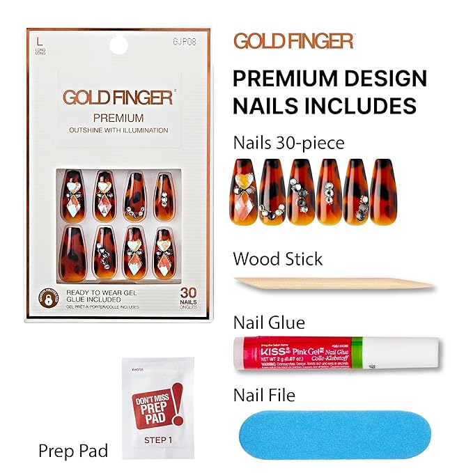 GoldFinger Premium Luxury False Nails Kit, Ready to Wear Leopard Nails, Manicure Stick and Glue Included, Long Coffin Shape with 3D Rhinestones, Long-Lasting Hottest Trend Glue on Nails