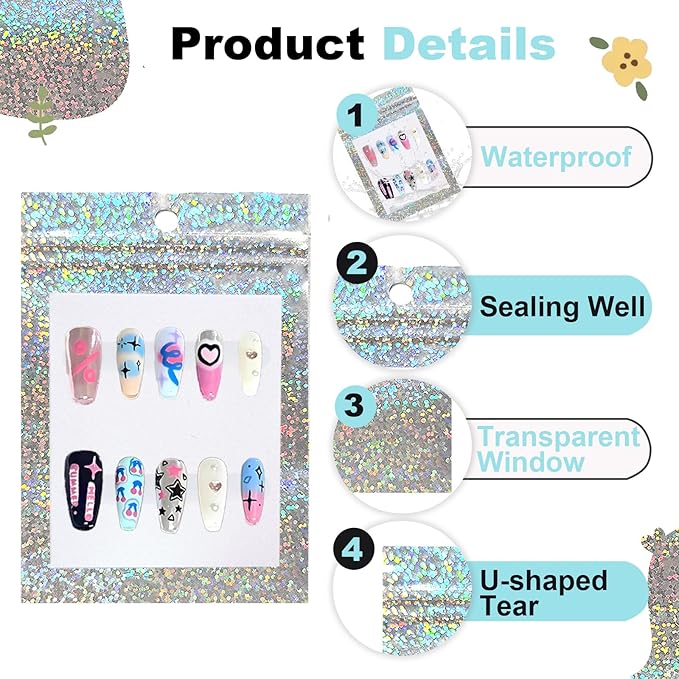 100 PCS Press On Nails Packaging Bag Holographic Nail Storage Bag and 100PCS Shiny White Pearl Card with 210 Pcs Pre-cut Nail Tape for Fasle Nail packaging Home Salon Business Use