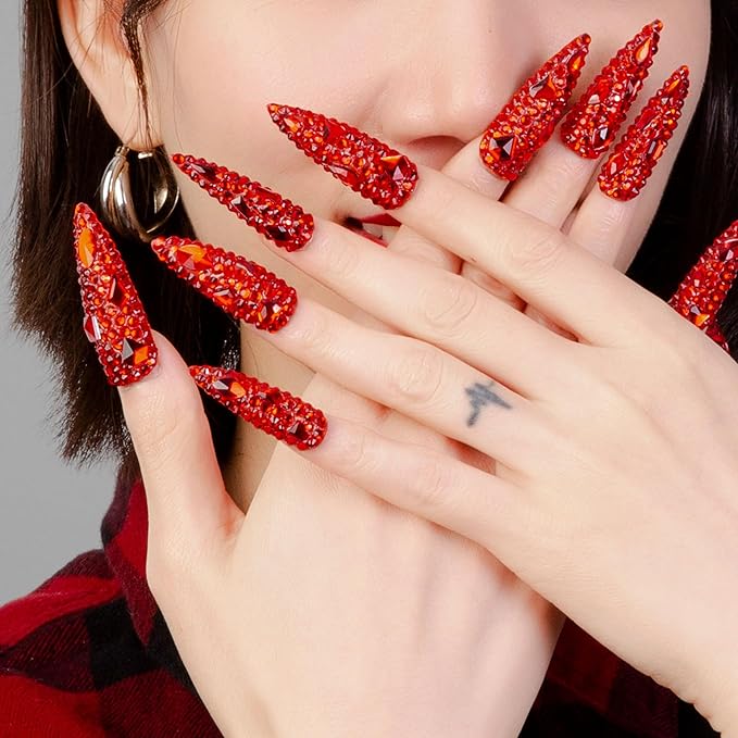 LOVFUL Press on Nails Flaming Luxury Red | Handmade with Full Covered Crystals | Reusable Full Cover Nails | Stiletto Mid Length 1.7 in | H39-M