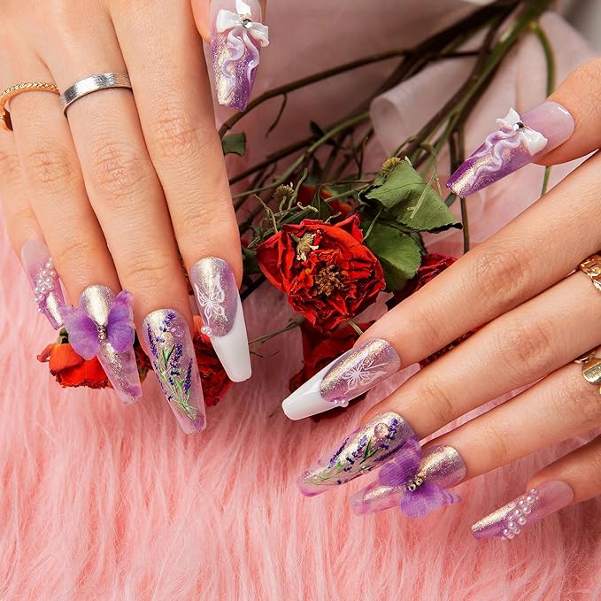 LOVFUL Press on Nails Butterfly Spell | Handmade with Full Covered Crystals | Reusable Full Cover Nails | Coffin Classic Regular 1.3 in | H461-M