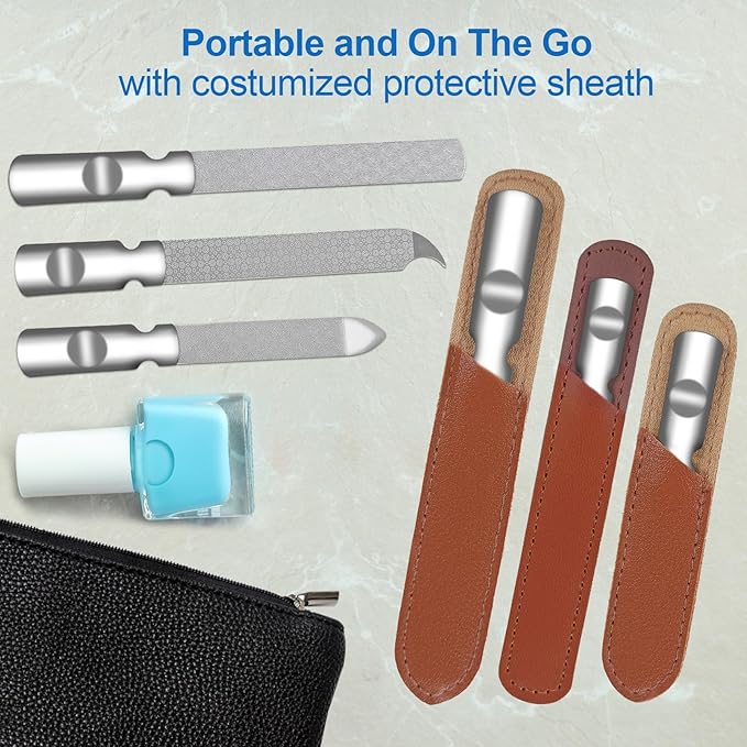 Stainless Steel Nail File (3 Pack) for Natural Nails, Metal Nail Files with Sharp Pointed Tip Fingernail File Sheath Case Double Sided Reusable Flat File Manicure Tool Home Salon Travel Use Men Women