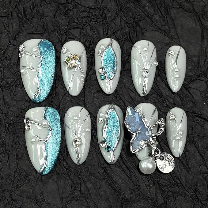 Almond Handmade Press on Nails Blue Glitter Acrylic Nails with 3D Irregular Pendant Design Nature Handmade Pearl Rhinestone Embossed Fake Nails Reusable Muti-Layer Gel Stick on Nails for Women (S)