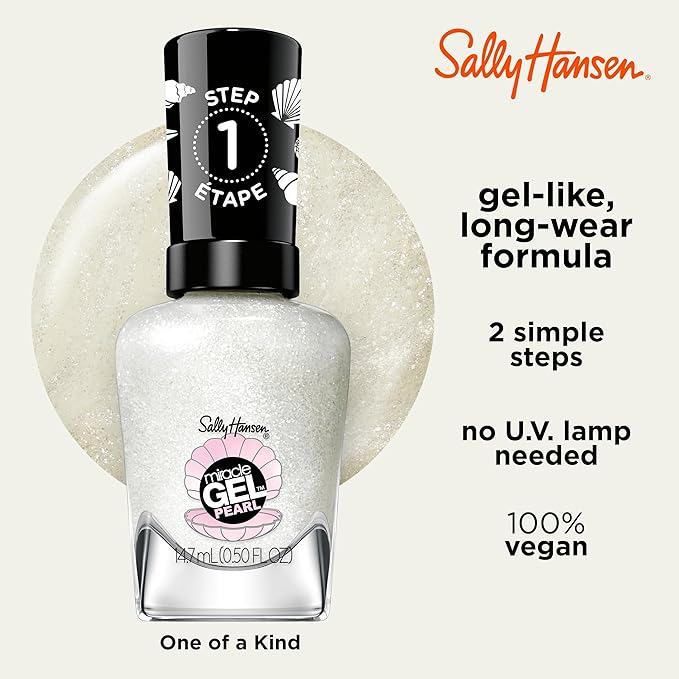 Sally Hansen Miracle Gel Pearls Salon Quality Nail Polish | Gel-Like Formula, Two-Step System, No UV Light Needed, Long Lasting | Sheer | 904 One of a Kind | Milky White Shimmery Nail Polish