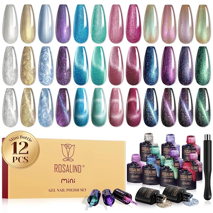 ROSALIND 42pcs gel nail polish set, 12 Colors Cat Eye Gel Polish with 4Pcs Gel Base and Glossy Matte Glitter Top Coat All Seasons Nude Blue Red Nails Gel Kit DIY Salon