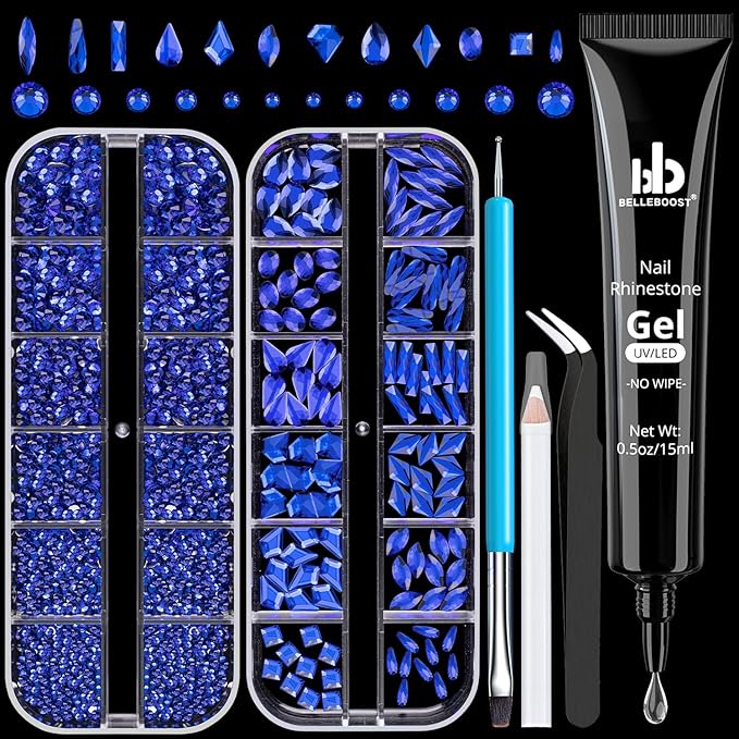 Rhinestones for Nails, Manicure Kit with Rhinestone Glue Gel, Multi Shapes Dark Blue Glass 3D Nail Charms + Flatback 2-5mm Round Beads & Gem Glue (UV/LED Needed) with Dotting Tools