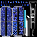 Rhinestones for Nails, Manicure Kit with Rhinestone Glue Gel, Multi Shapes Dark Blue Glass 3D Nail Charms + Flatback 2-5mm Round Beads & Gem Glue (UV/LED Needed) with Dotting Tools