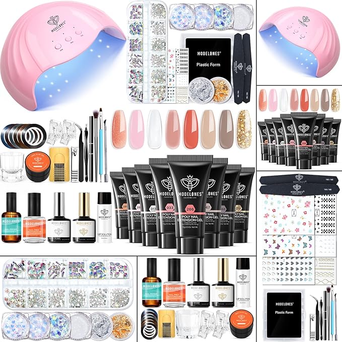 Modelones Poly Nail Gel Kit with 48W U V/LED Lamp 8 Fall Colors Clear Orange Pink Brown Glitter Extension Builder Gel Complete Art Tools Manicure Professional Starter Supplies DIY at Home