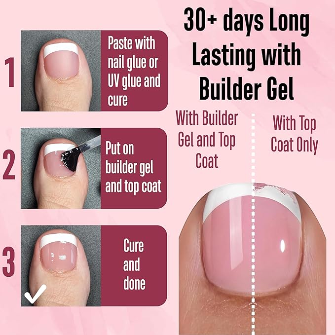 NOVO OVO Fake Toe Nail Tips Press on, French Tip Soft Gel Toenail Extension, BERRY PINK Square Round Pre-applied Tip Primer & Base Coat, Full Cover Matte False Nails for DIY x 15 Sizes 360Pcs