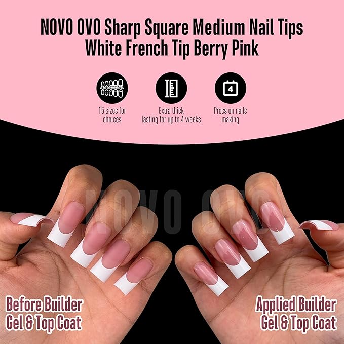 NOVO OVO Medium Sharp Square White French Tip Nail Tips Press on BERRY PINK, Extra Thick NEED Builder Glue Gel & Top Coat, Soft Gel Full Cover False Fake Nail Extension for Salon DIY x 15 Sizes 180 pc
