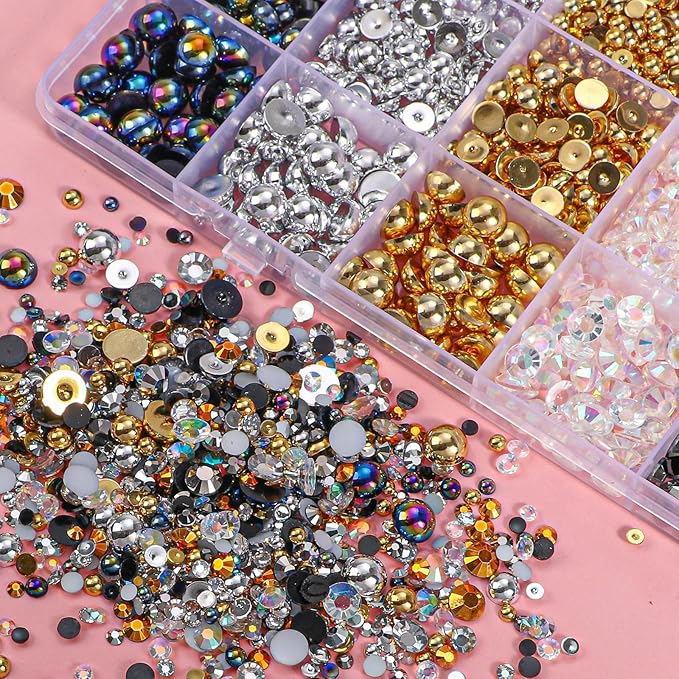 22000 Pcs Mixed Black Silver Gold Flatback Pearls and Rhinestones Bedazzling Kit, Resin Rhinestones Gems for Crafting, Mixed Size Half Pearls Gems for Nails Face Eyes Makeup Bottles Shoes DIY