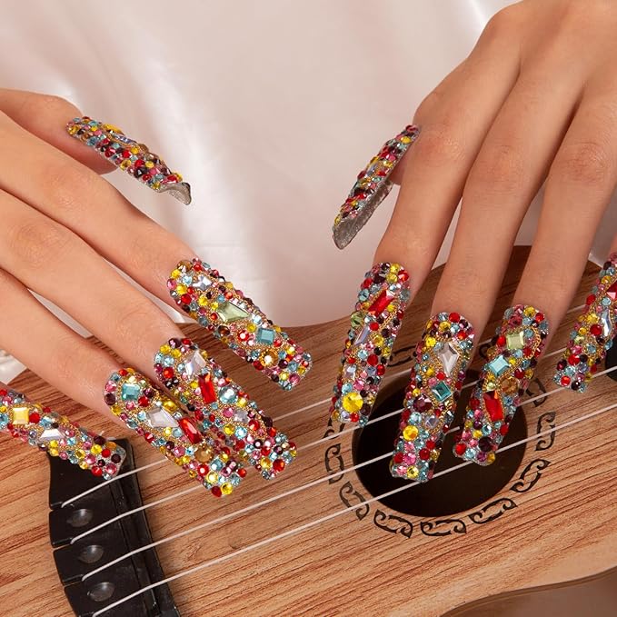 LOVFUL Press on Nails Precious | Handmade with Full Covered Crystals | Reusable Fake Nails | Square Mid length 1.7in | H175-S