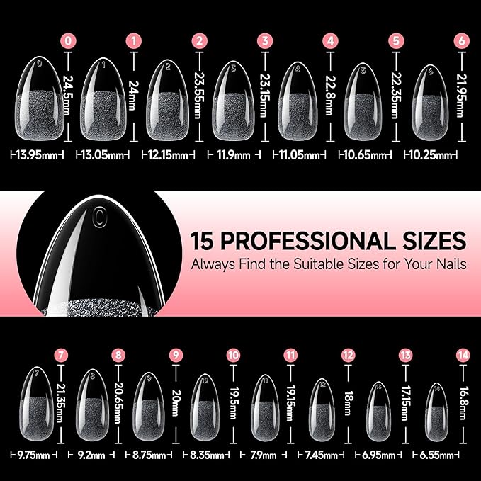 UNA GELLA Almond Nail Tips X-Soft Thicker Flexible Gel Nail Tips 330PCS Pre-etched Nails Tips Almond Shape Press on 15 Sizes Full Cover A lmond Fake Nails Strength Clear Nail Extensions DIY Salon
