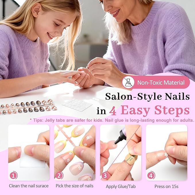 16 Sizes 128 Pieces Press on Nails for Kids, 4 pack Kids Nail Kit Colorful Flower Almond Fake Nail Tips for Girls 8-12 Years Old with Jelly Nail Adhesives & Nail Glue Birthday Easter Gifts