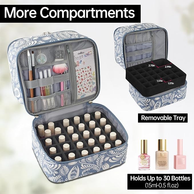 Buruis Double-Layer Nail Polish Organizer Bag, Holds 27 Bottles (15ML/0.5 FL.OZ or Larger), Nail Tools & Dryer Storage Case with Adjustable Dividers (Light Blue Leaf)