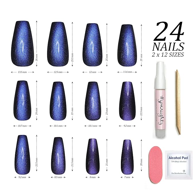 Hypnaughty 24 Pcs Stardust Cat Eye Effect Glossy And Sparkly Coffin Long Press On Nails With Nail Kit And Glue (Stardust Cat Eye)