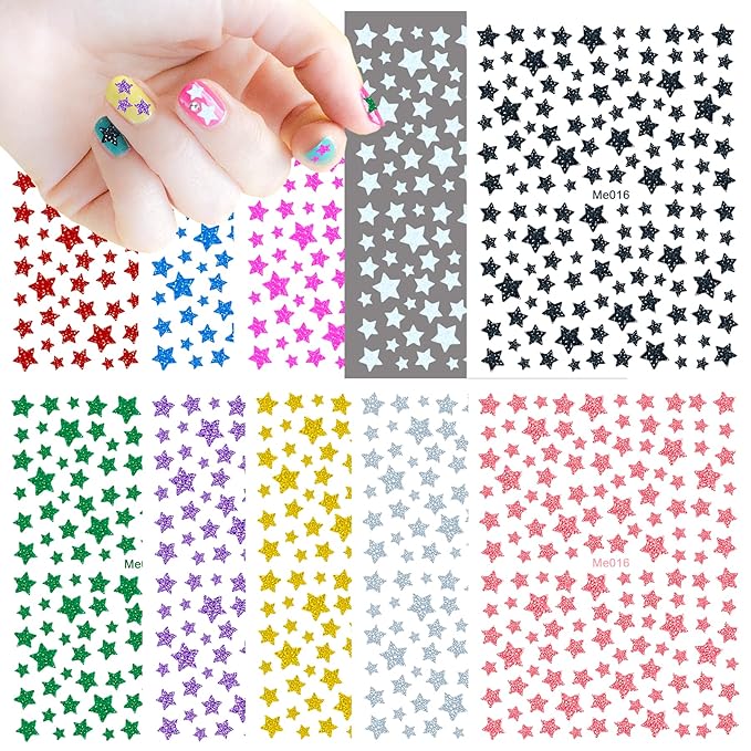 10 Sheets Glitter Star Nail Stickers for Women Girls Kids Nail Decoration 3D Self Adhesive Shinning Nail Decals for Fingernails and Acrylic Nails Design (Glitter Star)